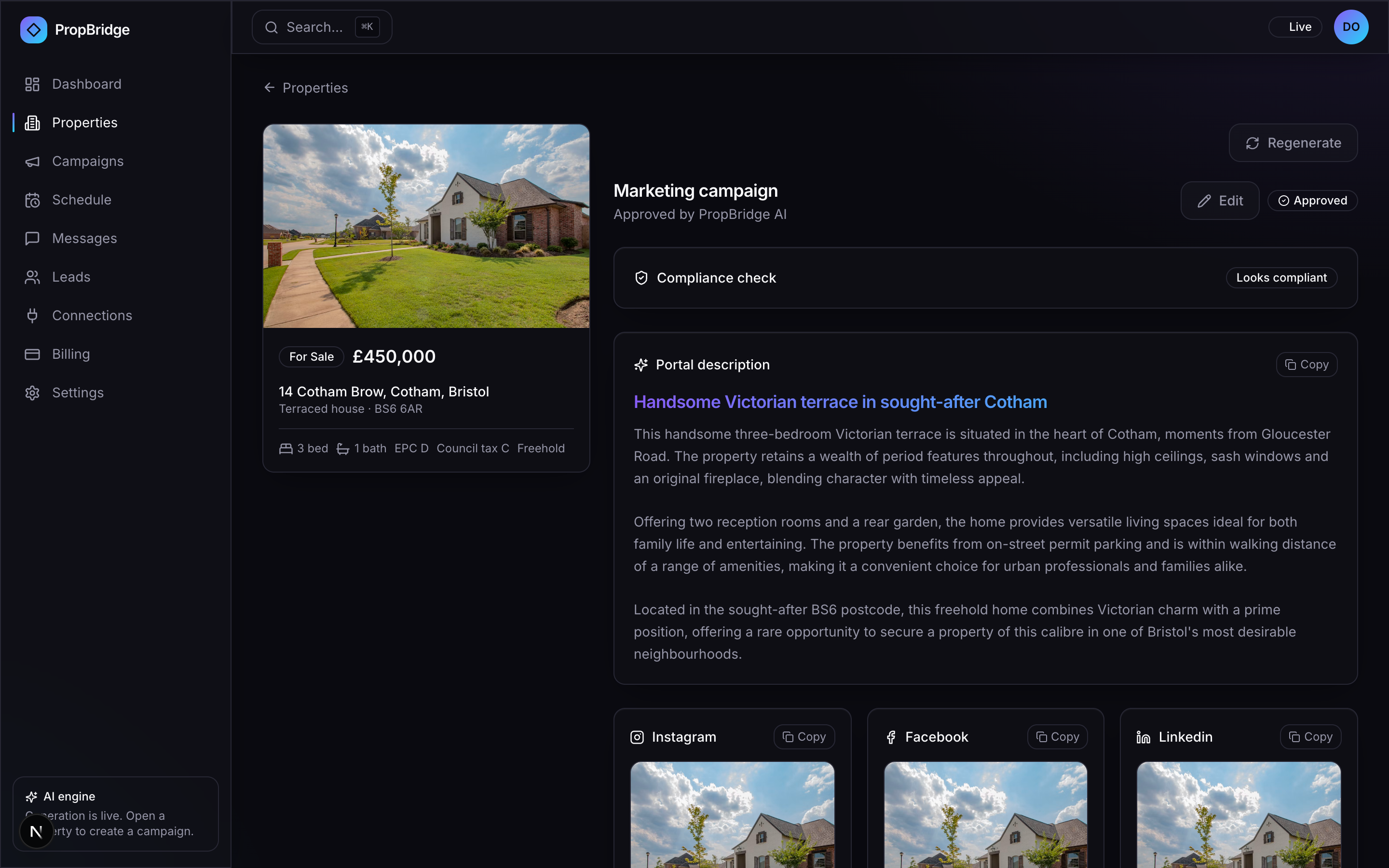 PropBridge campaign workspace: AI-generated, compliance-checked marketing for a listing