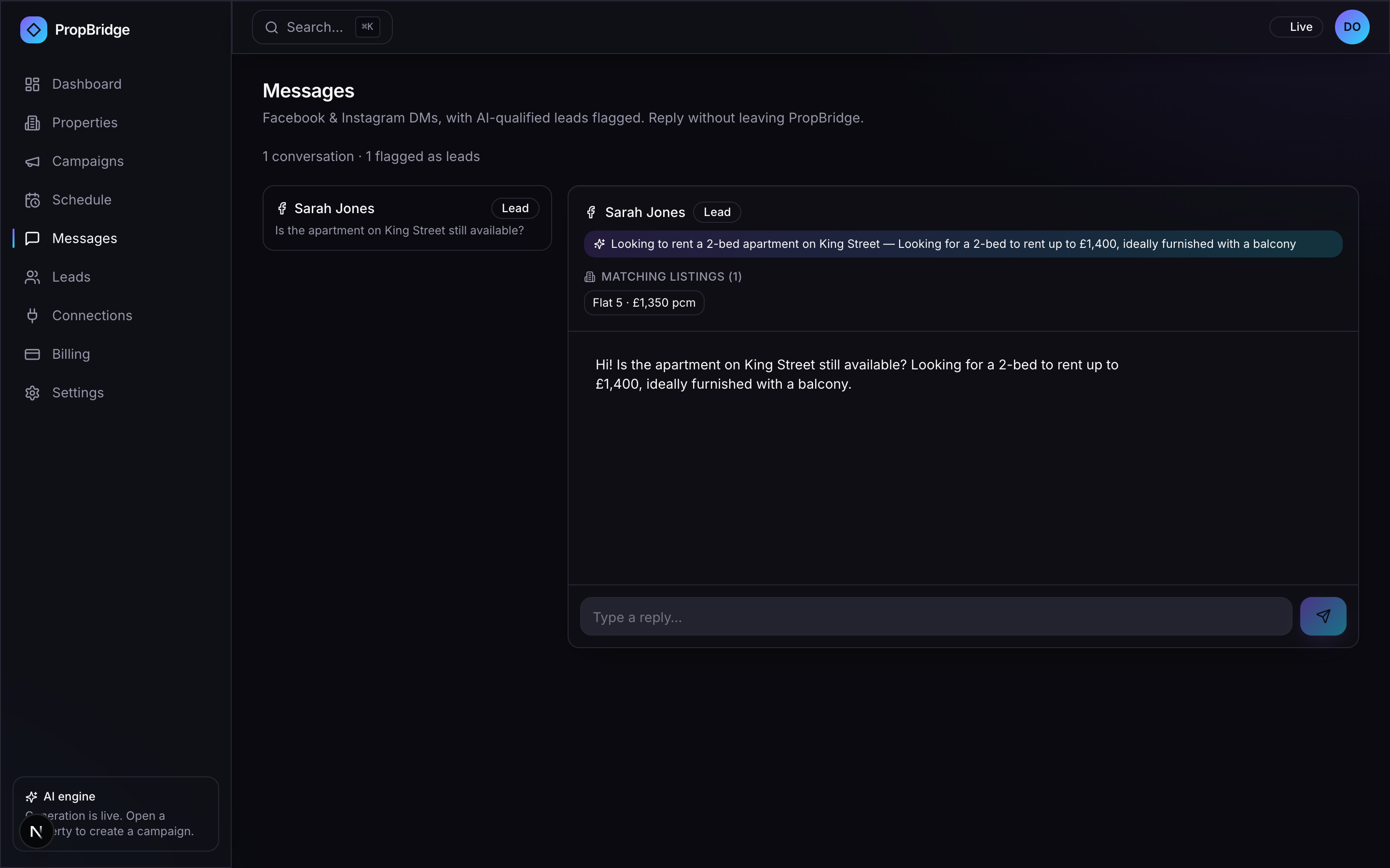 Social lead inbox with AI qualification and listing matches